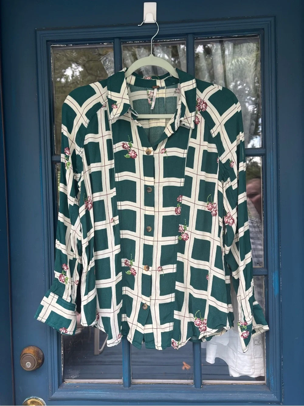 Free People Teal and Cream Floral Grid Shirt